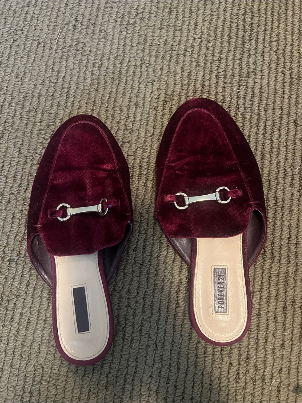 Forever 21 Wine Velvet Slip-On Mules with Silver Hardware